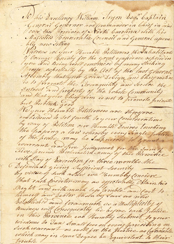 Image of the handwritten petition of Orange County from 1768