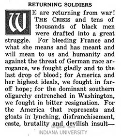 Image of the opening paragraph of an editorial, "Returning Soldiers", by W.E.B. Du Bois in the "The Crisis," May 19. Click on the image to learn more.