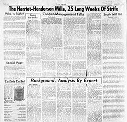 Image of a page from UNC's student paper "The Daily Tarheel", May 1, 1959, with extensive coverage of strike at Harriet-Henderson.