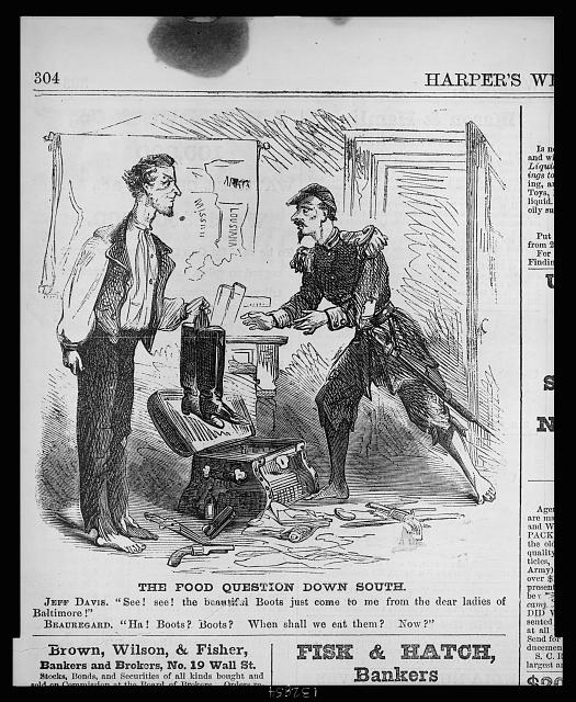 Editorial cartoon shows Jefferson Davis, president of the Confederate states, offering a new pair of boots to General Beauregard who, though barefoot, would rather have food for his troops.