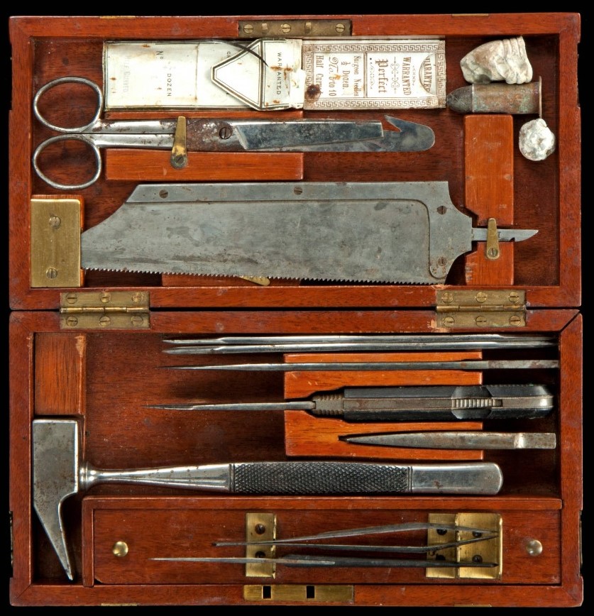 Civil War era surgeon's kit, including a variety of tools.