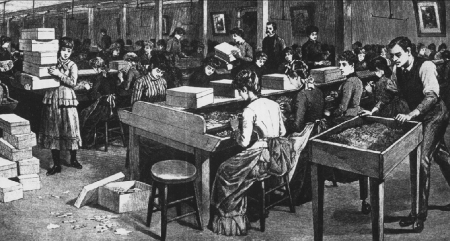 Illustration of women rolling tobacco in a factory, with a man walking by with a cart full of tobacco.