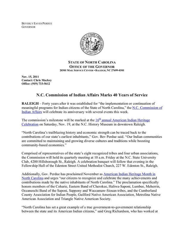 A press release about the 40 years of service of the NC Commission of Indian Affairs