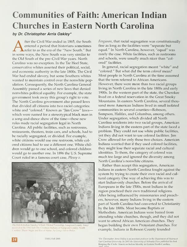 An article about American Indian churches in eastern North Carolina
