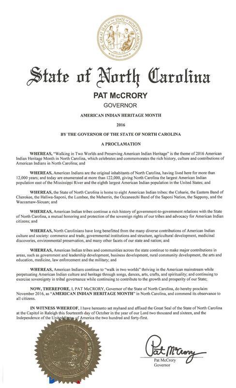 Governor's proclamation for November as American Indian Heritage Month
