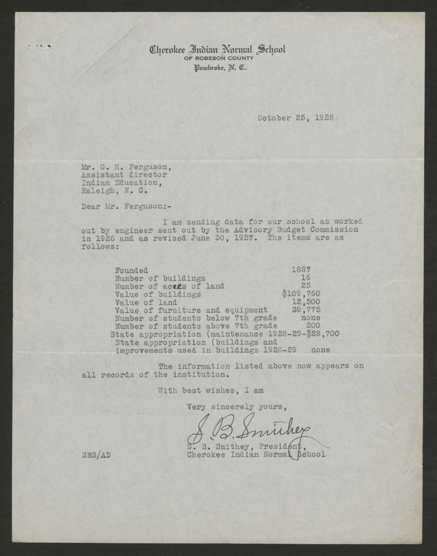 Materials from Pembroke Cheroke Indians Normal School, includes monthly reports, salary lists, budgets, and more