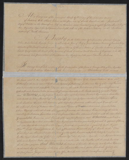 A handwritten and signed treaty between NC colonial government and the Cherokee Indians in western North Carolina which was signed by John Stuart, Superintendent of the Affairs of the Indian Nations, and several Cherokee nation representatives 