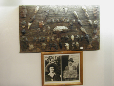 The first artifacts found by R. E. "Moon" Mullins and Irene Mullins (pictures below artifacts) in 1940, Includes projectile points and hafted bifaces, as well as 54-caliber rounds (Minie Balls)