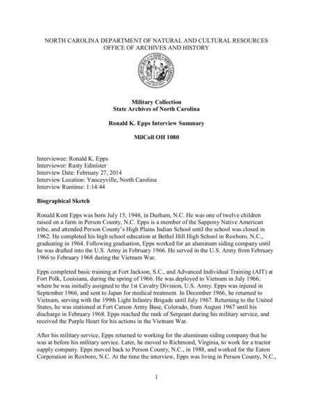Summary of an interview with Ronald Kent Epps, a member of the Sappony Native American tribe, who served in the armed forces.