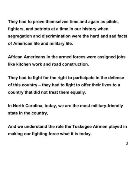 Transcript of Governor Bev Perdue's 2012 speech honoring Tuskegee Airman from North Carolina.