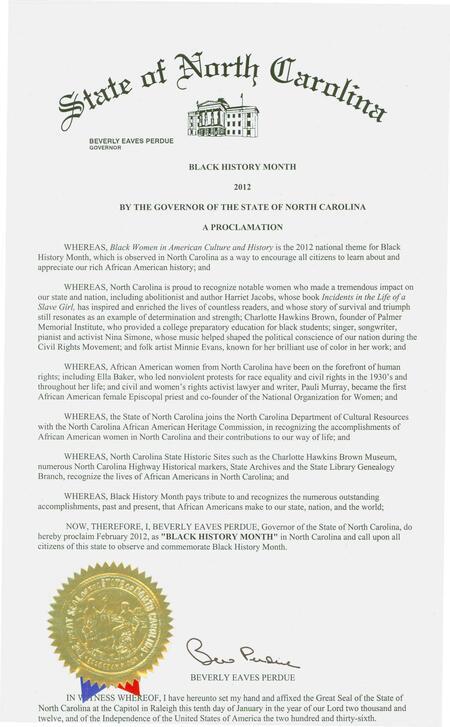 Proclamation for Black History month from Gov. Bev Perdue in 2012.