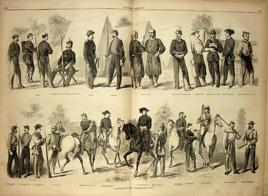 Image of a magazine illustration showing the different uniforms worn by Confederate soldiers.