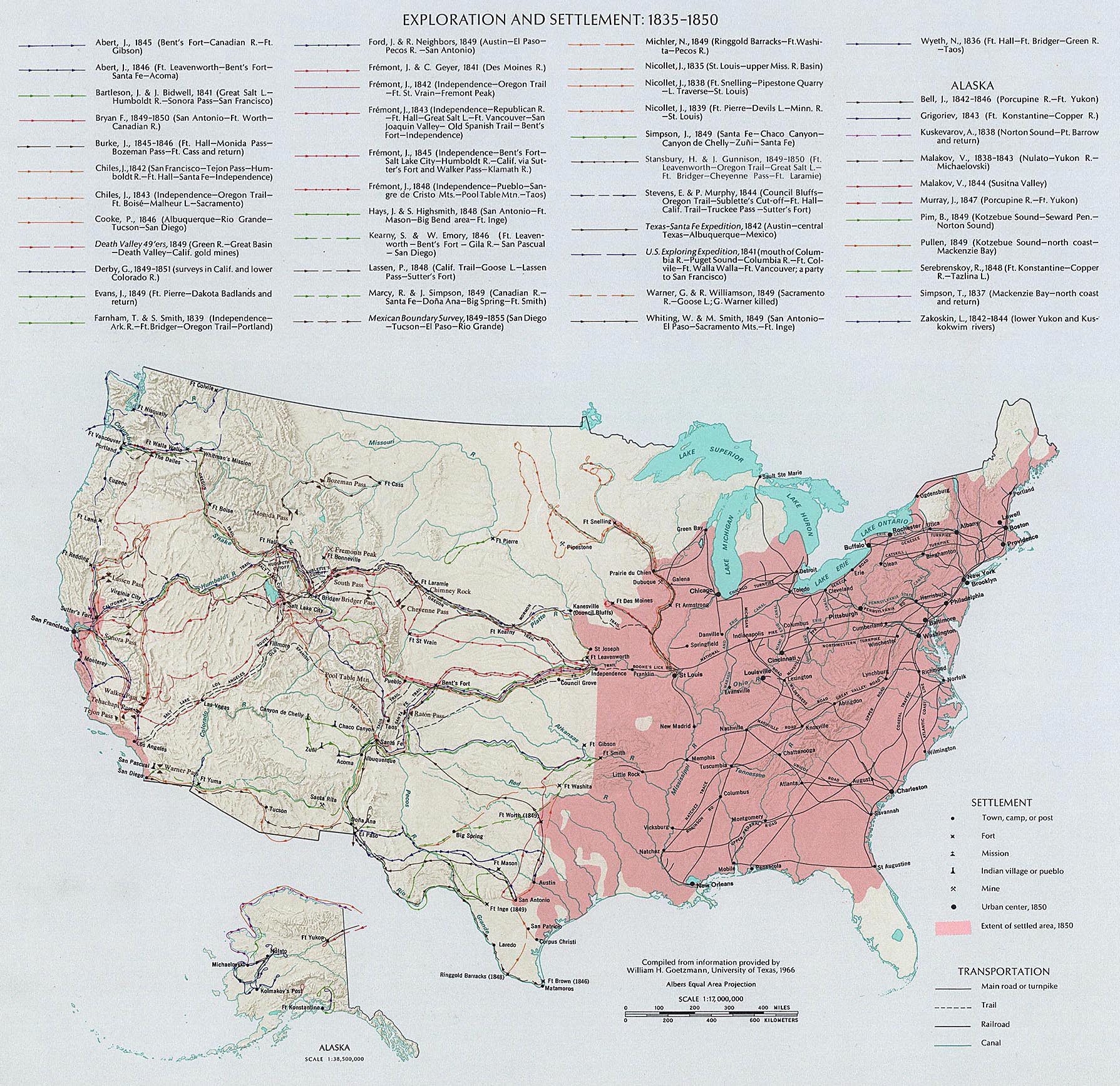 Routes of exploration and westward expansion, 1835-1850