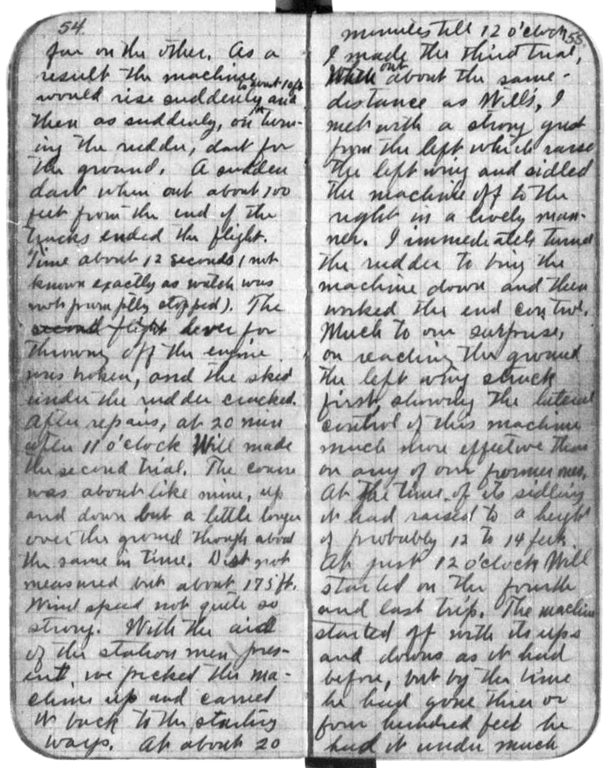 Orville Wright's diary. Fancy cursive on graph paper.