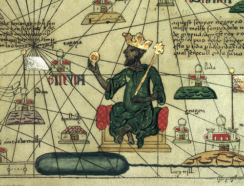 Mansa Musa depicted at the center of a map, wearing royal vestments and a crown.