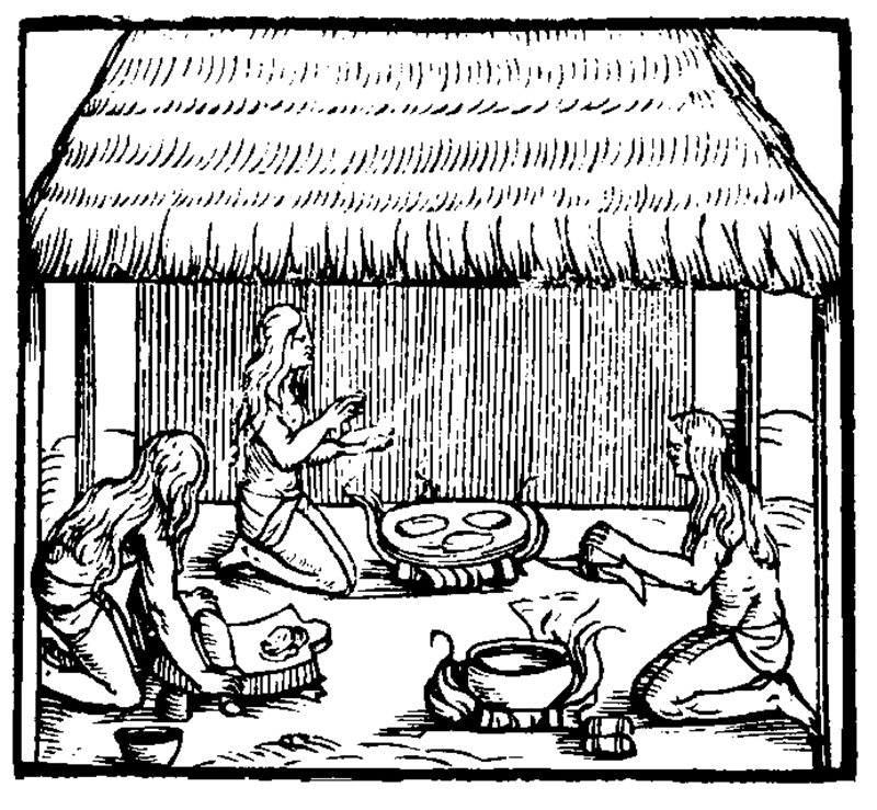 Women prepare food on open fires. A house is in the background.