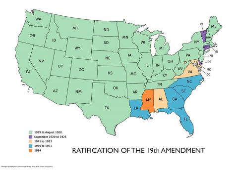 Map depicting history of states ratifying the 19th amendment.