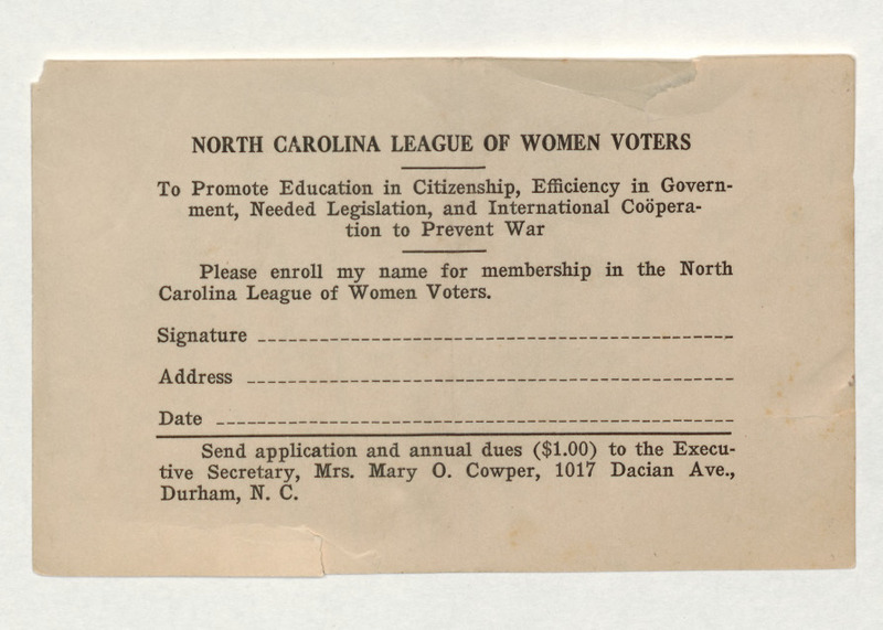 A membership enrolment card for the North Carolina League of Women Voters.