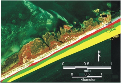 Shoreline changes over time on Ocracoke Island