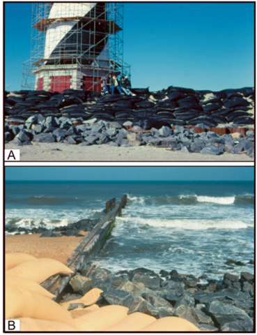 Photographs showing hardened shorelines by Cape Hatteras Lighthouse