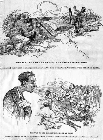 Political cartoons highlighting the number of deaths caused by the flu