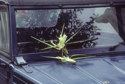 Palm leaf offerings on car windshield at cremation ceremony