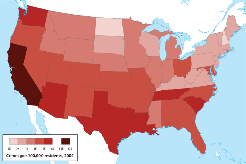Crimes per 100,000 residents, by state, 2004