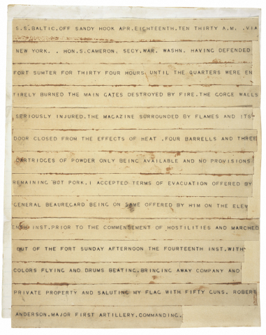 Telegram announcing the surrender of Fort Sumter