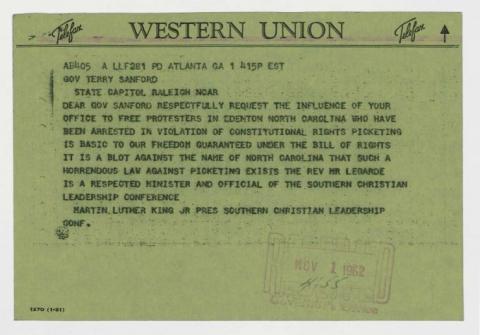   Telegram: Martin Luther King Jr. to Gov. Terry Sanford, November 1, 1962