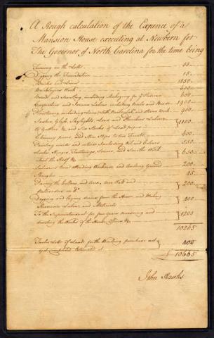 A Rough Calculation of the Expense of a Mansion House, Tryon Palace