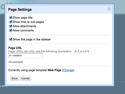 Google Sites screenshot: Page settings