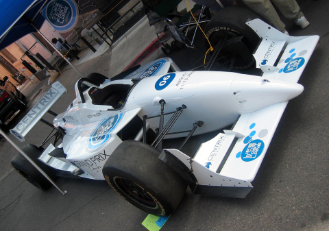 Blue and white race car