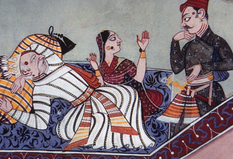 Indian painting of Rama's father on bed as he nears death