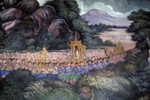 Rama, Sita and Laksman leave for forest (Thai Ramayana mural)