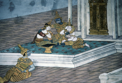 Demon king Ravana with two wives (Thai Ramayana mural)