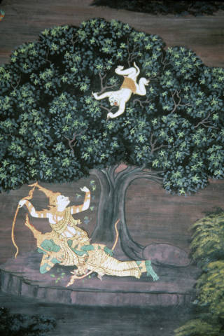 Monkey god Hanuman in tree approaches Rama and Laksman (Thai Ramayana mural)