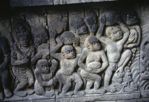 Stone stele at Prambanan shows monkeys bringing stones for Rama's bridge