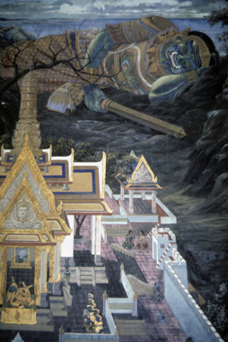 Demon giant blocks river water with his body (Thai Ramayana mural)
