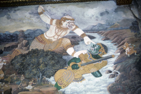 Hanuman battles demon blocking river (Thai Ramayana mural)