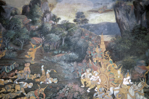 Rama shoots arrow to call Garuda for aid (Thai Ramayana mural)
