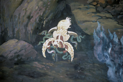 Garuda king attacks three serpents (Thai Ramayana mural)