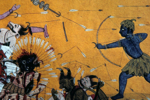 Indian painting shows Rama shooting arrows in battle with Ravana's demons