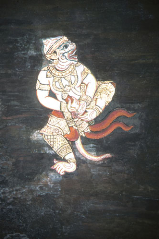 Hanuman crushes Ravana's soul container (Thai Ramayana mural)