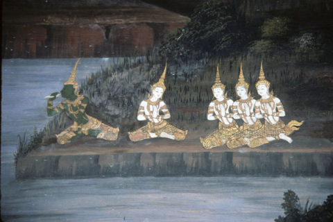 Rama sits on a riverbank with four women, trying to forget Sita  (Thai Ramayana mural)