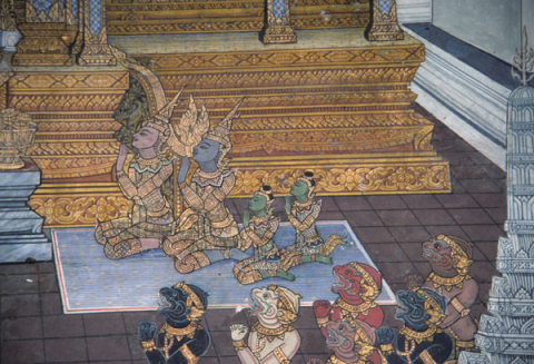 Sita's two sons are received by Rama at palace (Thai Ramayana mural)