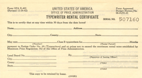 Typewriter rental certificate