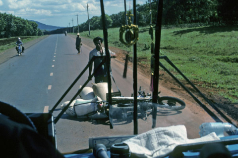 Fallen motocycle and cargo on the road from Dalat to Ho Chi Minh City