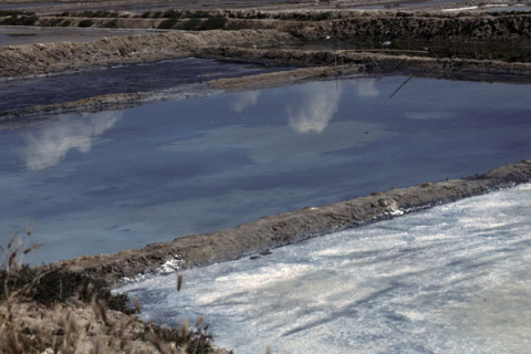 View of salt-making fields along the coast south of Nha Trang