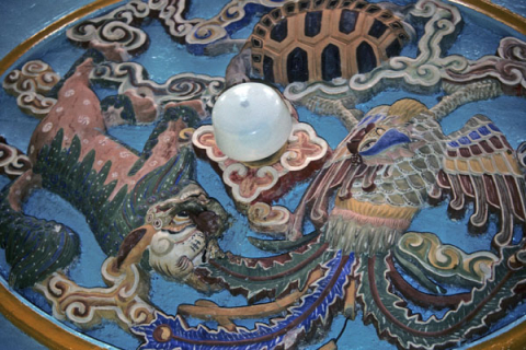 Carved animals on ceiling in Cao Dai temple at Tay Ninh