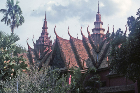 Tiered roofs and spires on Cambodia's National Museum building in Phnom Penh